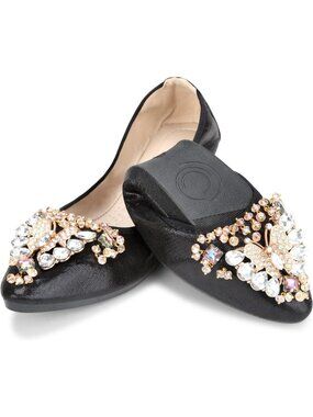 🆕 Women's Foldable Ballet Flats Black Rhinestone Butterfly Wedding Shoes